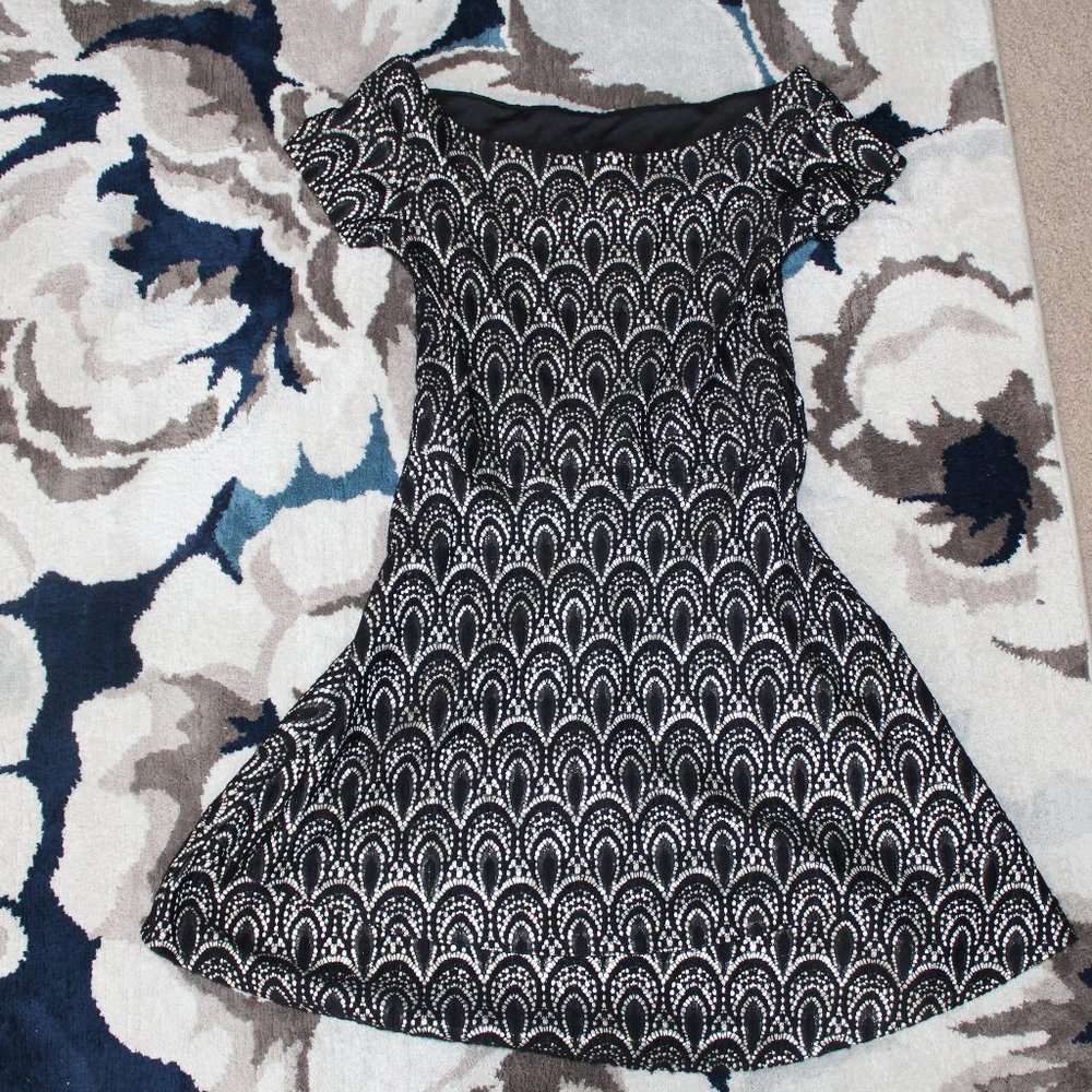 Black Silver Designed Mini Dress Off Shoulder S